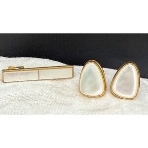 Vintage Cufflinks Tie Clip Gold Tone Mother of Pearl